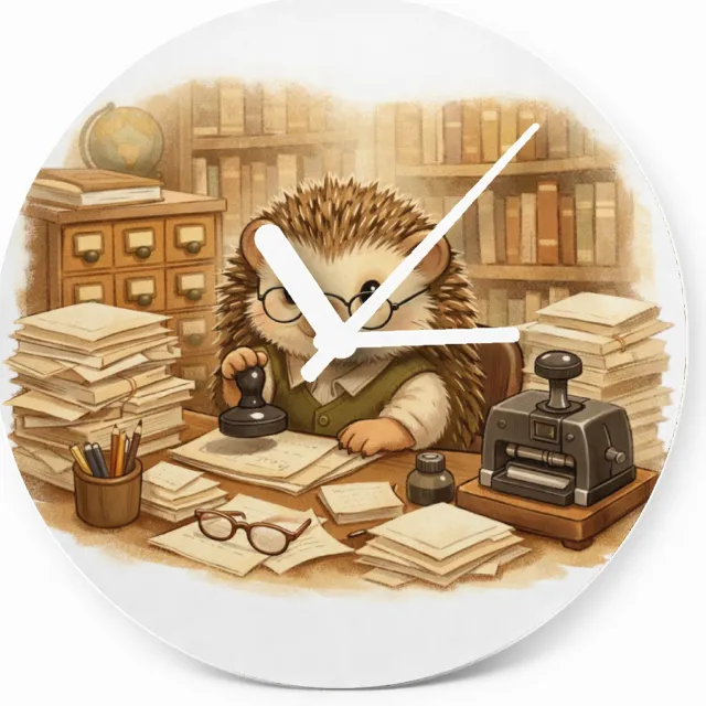 Mr Cadeautjes Glazen klok Ø 20 - design Een egel als bibliothecaris tussen hoge boekenkasten, met te | cadeau Wit
