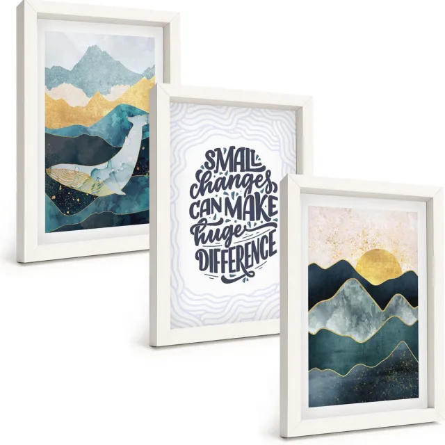TULUP 3-Delige Schilderij Set - Abstracte berglandschappen met inspirerende belettering - 20x30 - Muurdecoratie - Interieur Decoratie - Stijlvolle Muurdecoratie Witte lijst