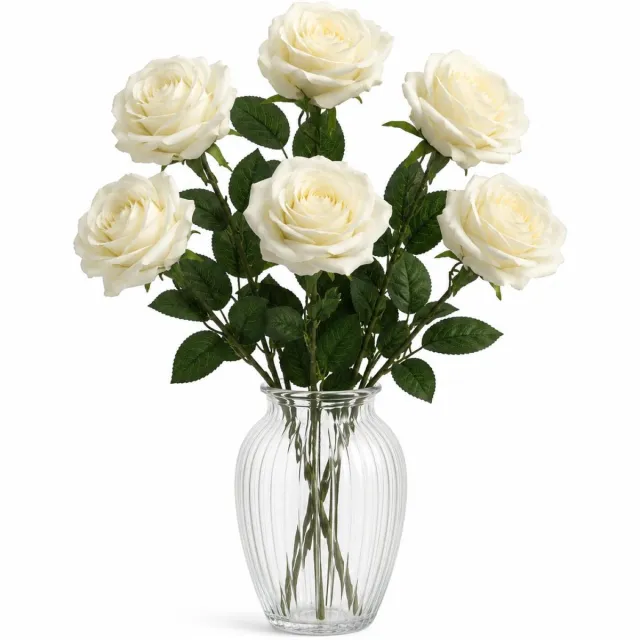 Bellatio Design Kunstbloem Roos Dijon - 6x - 64 cm - creme wit - zijde kunstbloemen - Boeket - stelen - rozen