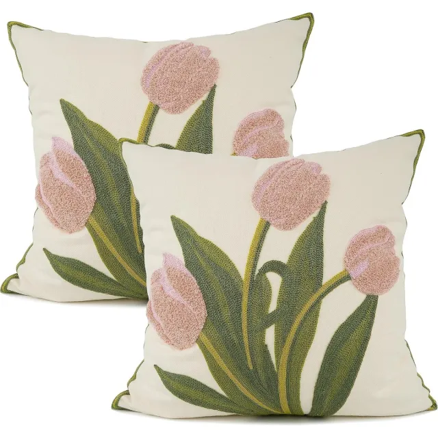 KZQ Kussenhoes met tulpmotief en borduurwerk – Bloemenpatroon – Landelijke stijl – 45x45 cm – Roze – Vulling niet inbegrepen - Set van 2