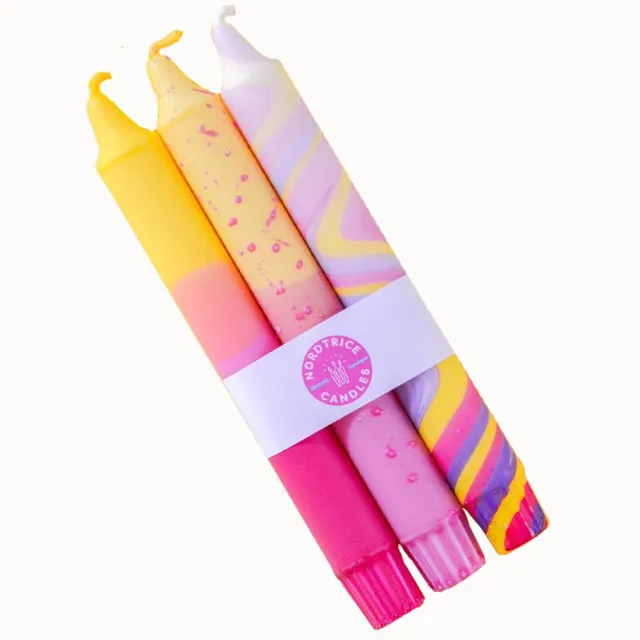 Dip Dye Dinerkaarsen Stearine - Kleurrijke Kaarsen - Set van 3 - Nordtrice Spring Pastel Pink Yellow - 20 cm