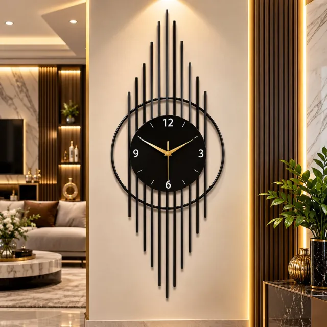 Rojellaa Zwarte Wandklok met Gouden Wijzers en Verticale Staven Design