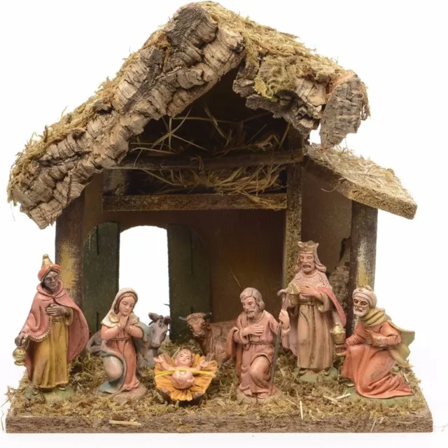 Decoris Kerststal - MDF hout - 8 polystone figuren - 27 x 17 x 26 cm - Kerstversiering stal Multi