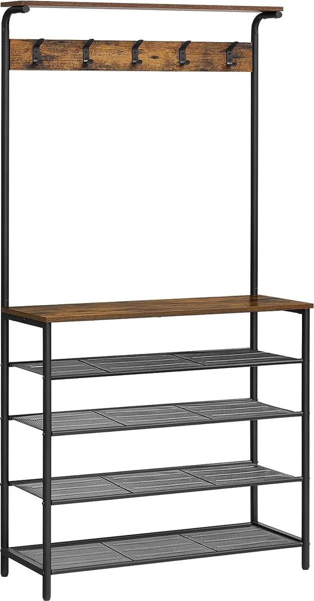 FurnStar Kapstok met schoenenrek - Garderobe in industriële stijl - Bankje - Haken - Schoenenrek - Robuust metalen frame - 80×32.2×182cm - Bruin