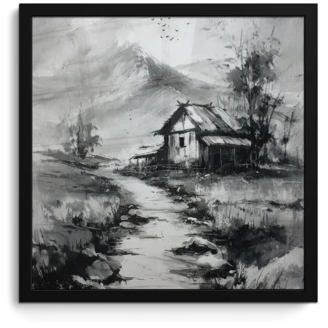 FrameYourWall Poster in lijst - Fotolijst 40x40 cm - Posters - Hut - Grijs - Bergen - Mistig - Posterlijst zwart - Decoratie - Wanddecoratie woonkamer - Muurdecoratie slaapkamer