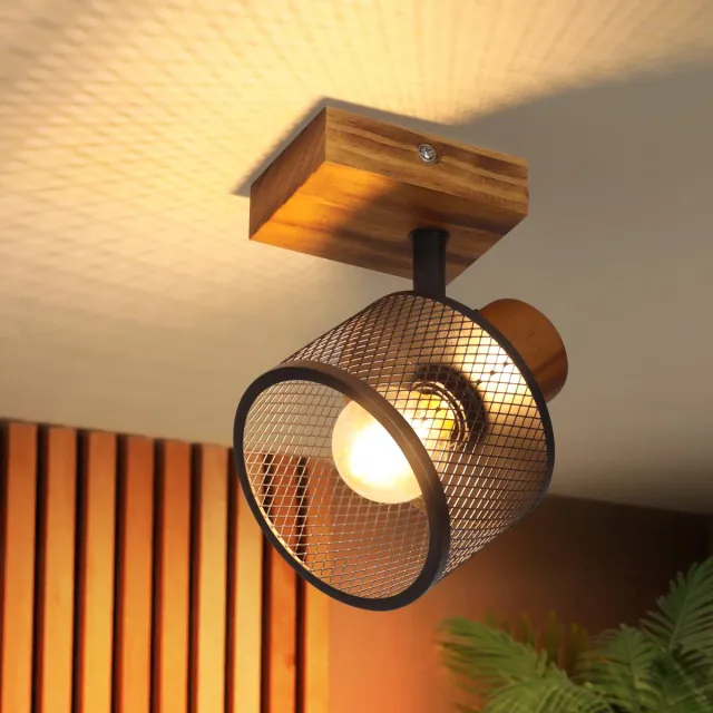 NETTLIFE Plafondstraler 1 Lichts Vintage - Houten Plafondlamp E14 - Zwart Metalen Wandstraler - Verdraaibaar Industri毛el Ontwerp - Geschikt Voor Gang Keuken Woonkamer - Zonder Lichtbron