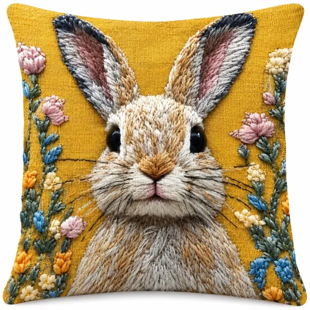 SWGOTA Paas kussenhoes met konijn en bloemen, 45 x 45 cm, vierkante sierkussenhoes voor de bank, zonder binnenkussen geel