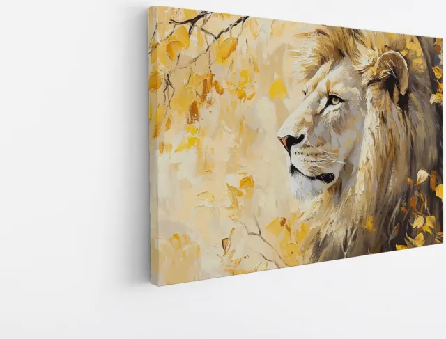 Saammp Canvas Schilderij - Leeuw tussende gele bladeren - Dieren - Natuur - 40x30 - Foto op canvas - Wanddecoratie - Muurdecoratie Woonkamer - Slaapkamer decoratie - Canvas Print Multicolor