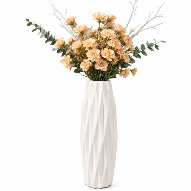SWGOTA Witte kunststof vaas met geometrisch reliëf - 7,5 x 7,5 x 21 cm - Voor droogbloemen - OPP-verpakking