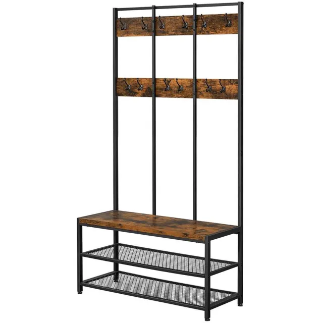 Nancy's Greenfield Kapstok - Garderoberek - 12 Haken - Schoenenrek - Bewerkt Hout - Metaal - Industrieel - Bruin - Zwart - 100 x 40 x 184 cm