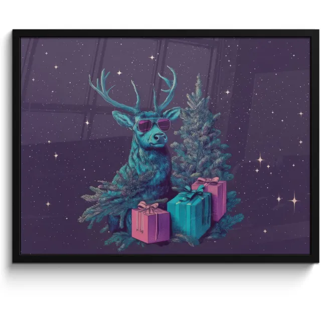 FrameYourWall Poster in lijst - Fotolijst 70x50 cm - Posters - Rendier - Zonnebril - Neon - Kerstboom - Posterlijst zwart - Decoratie - Wanddecoratie woonkamer - Muurdecoratie slaapkamer - Kerstversiering - Kerstdecoratie voor binnen - Kerstmis