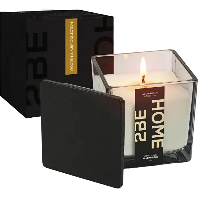 2BEHOME Geurkaars Sandalwood - 200 gram - Geurkaarsen in Glas - Geur Kaars - Geurbrander - Kaars - Wooden Luxury Collection - Zwart