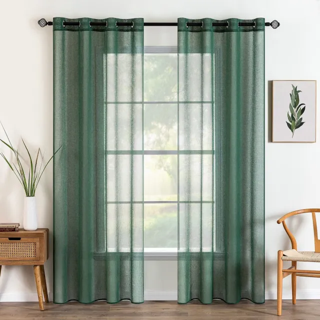 Ibenzoa Stijlvolle Transparante Gordijnset voor Slaapkamer en Woonkamer met Ingestanste Ringen - 140x225 cm, Donkergroen