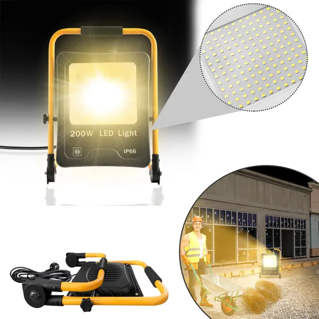 LZQ 200W LED Fluter Warmwit Met Steker, Baustrahler, Scheinwerfer + Geel Stativ, Baulampe, Waterdicht IP66 Voor Buiten, Binnen, Tuin, Garage Warm Wit