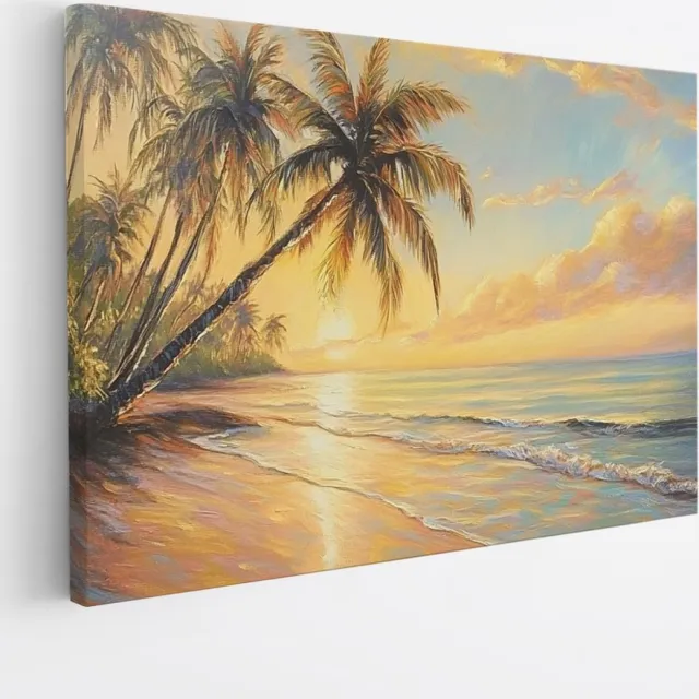 Saammp Canvas Schilderij - Strand met Palmbomen - Zee - Abstract - 50x40 - Foto op canvas - Wanddecoratie - muurdecoratie Woonkamer - Slaapkamer decoratie - Canvas Print Multicolor