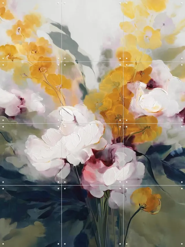 IXXI Cream Peonies And Golden Blossoms, Branka Kodžoman - 60 x 80 cm - Grote wanddecoratie en posters - Schilderijen, Kwaststreken, Gang, Slaapkamer Groen / Roze / Wit / Geel
