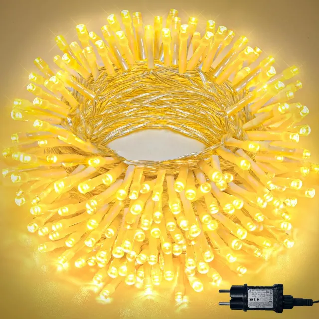 LAPAMAX Lichtsnoer met 8 Lichtstanden, Timer en Geheugenfunctie - Kerstboomverlichting op 31 V met IP44 en 3 m Aanloopsnoer - Feestverlichting voor Huis, Tuin en Balkon - Warmwit - 30 m, 300 LED's