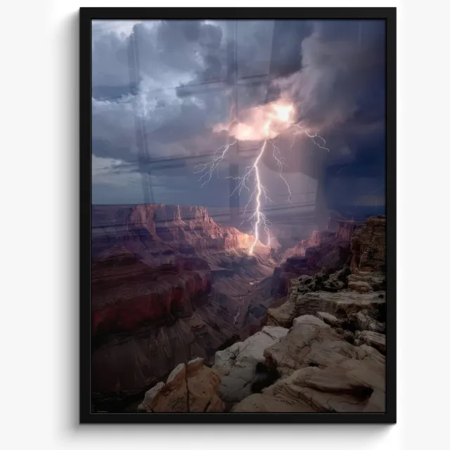 FrameYourWall Poster in lijst - Fotolijst 60x80 cm - Posters - Bliksem - Wolken - Canyon - Posterlijst zwart - Decoratie - Wanddecoratie woonkamer - Muurdecoratie slaapkamer Bliksem - Wolken - Rotsen