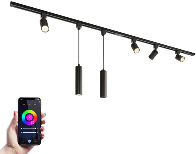 HOFTRONIC railverlichting pakket recht – 2 meter – 4 railspots 2 hanglampen rgbww gu10 – dimbaar – aluminium zwart – ip20 – modulair – 230v – smart verlichting woonkamer keuken kantoor