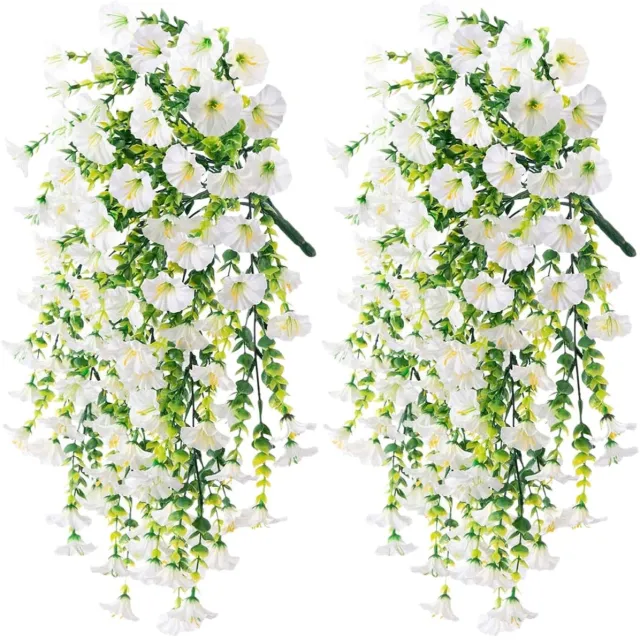Flintry 2 stuks realistische kunstbloemen van Morning Glory, uv-bestendige hangende kunstmatige Morning Glory-ranken, 75 cm realistische kunstzijde voor op de veranda of het terras Wit