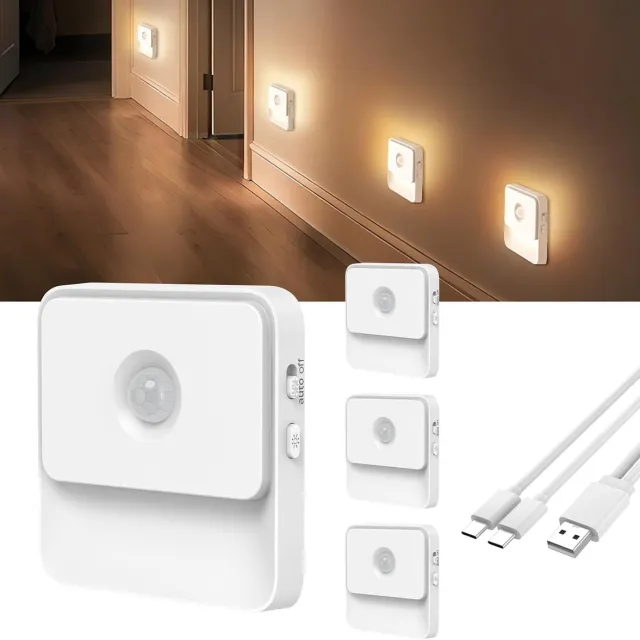 Lexium Store Sensor lampjes met bewegingsmelder - Warmwit - 4 stuks - Oplaadbare LED Nachtlampjes met Dimbare Helderheid - Voor Binnengebruik