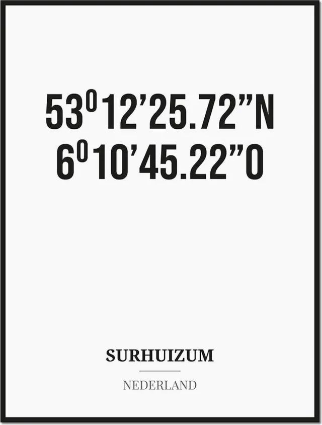 Studio216 Poster/kaart SURHUIZUM met coördinaten zwart, wit