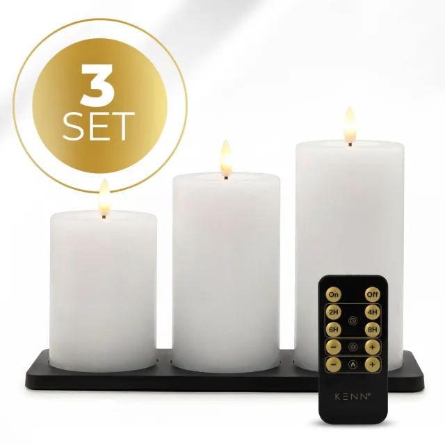 KENN GlowPro™ Oplaadbare LED Kaarsen – Tot 400 Branduren – Set van 3 – Wit – Met Afstandsbediening & Timer – Magnetisch Oplaadstation – Bewegend Vlameffect – LED Kaarsen Oplaadbaar – LED Stompkaarsen – LED Kaarsen met Flikkerende Vlam – Horeca