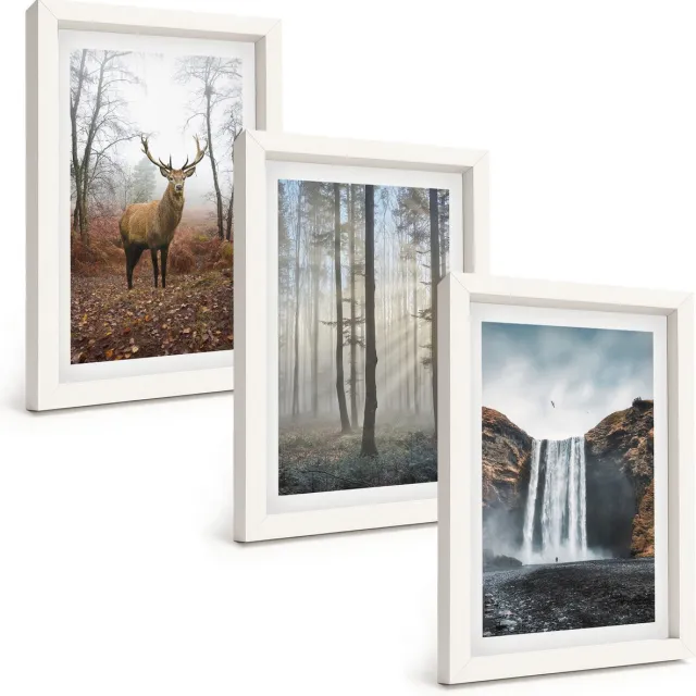 TULUP 3-Delige Schilderij Set - Boslandschappen Wilde natuur Herten - 20x30 - Schilderijen Set - Wanddecoratie - Woonkamer - Moderne Wanddecoratie Witte lijst