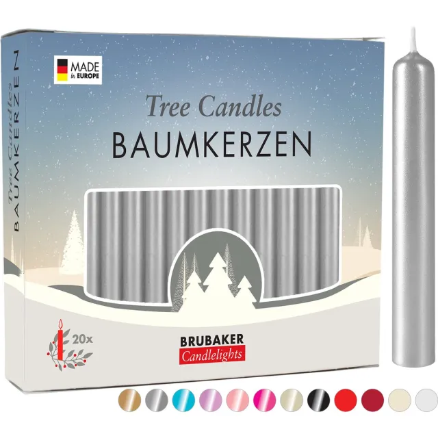 Brubaker 20 Stuks - Boomkaarsen - Zilver- Kerstkaarsen - Piramidekaarsen - Kerstboomkaarsen - 95/12.5 mm – Kaarsen - Kaarsjes 20 st. Zilver