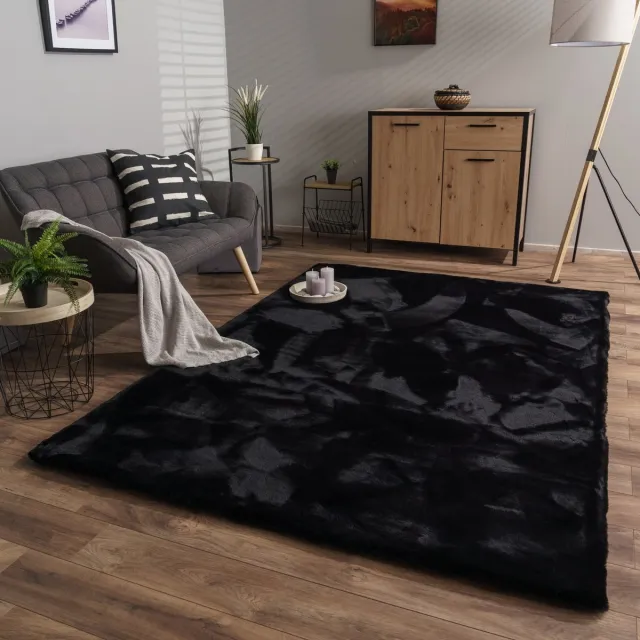 TT Home Woonkamer hoogpolig tapijt langpolig zacht konijnenbont imitatie zacht 60 x 100 cm Rond 60 x 100 cm Rond zwart