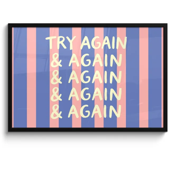 FrameYourWall Poster in lijst - Fotolijst 90x60 cm - Posters - Try again - Strepen - Roze - Verticaal - Blauw - Posterlijst zwart - Decoratie - Wanddecoratie woonkamer - Muurdecoratie slaapkamer
