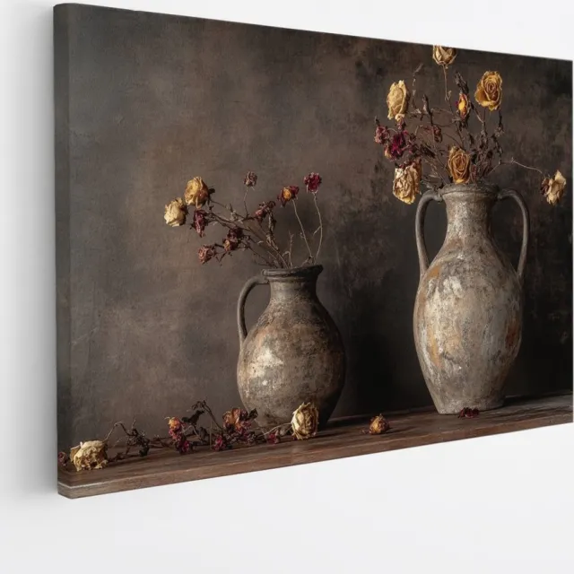 Saammp Canvas Schilderij - Droge Bloemen in Antieke Vazen - Vintage - Natuur - 40x30 - Foto op canvas - Wanddecoratie - Muurdecoratie Woonkamer - Kantoor Decoratie Multicolor