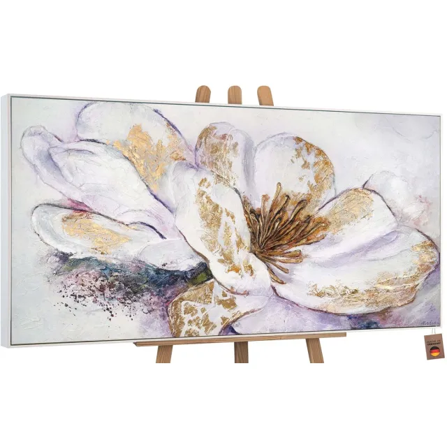YS Canvas schilderij groot handgeschilderd gouden pioen bloem luxe – YS-Art Gallery – Luxe wanddecoratie voor woonkamer – Modern schilderij voor slaapkamer en hal White
