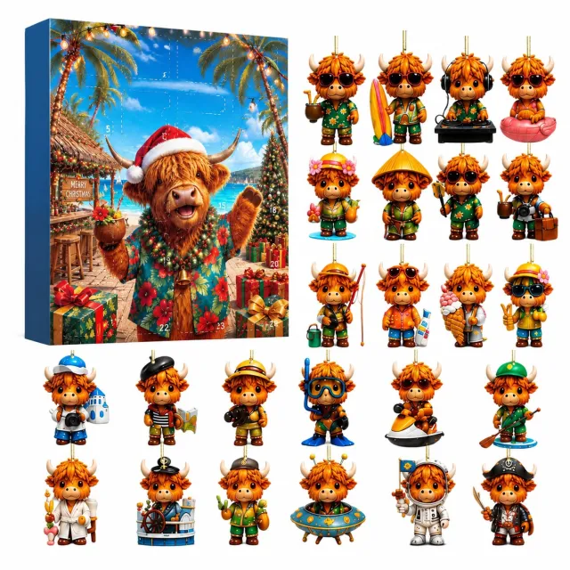 SWGOTA Adventskalender met 24 acryl hangers - Cartoonhooglanders met ophangkoord - Verpakking 26 x 18 x 3 cm Bruin