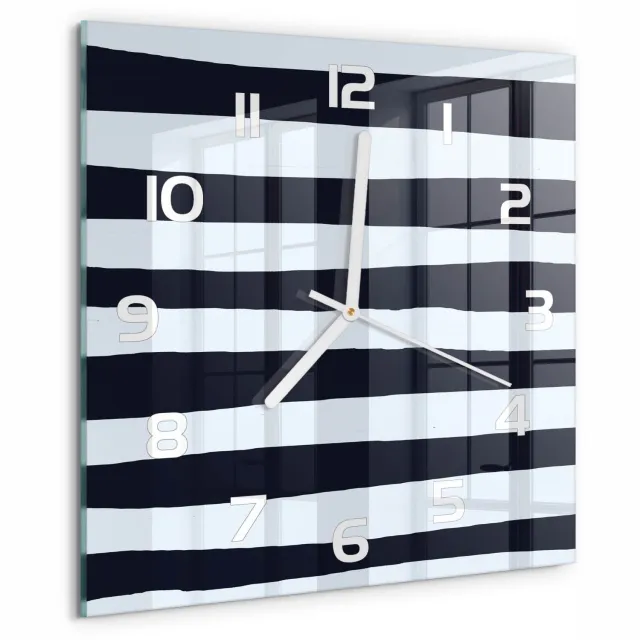 TULUP Wandklok - Gestreepte achtergrond Wandklok Glas Decoratie - 30x30 cm - Zwart-wit Gekleurde Glazen Klok - Witte handen - Vierkante Klok - Klok Glas Met Opdruk - Moderne Wandklok Glas