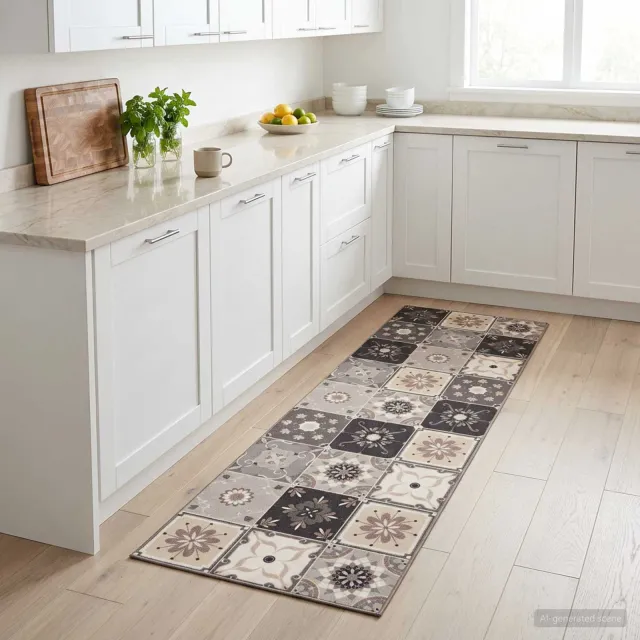 vidaXL Keuken Vloerkleed Grijs-beige mozaïek 300 x 60 cm