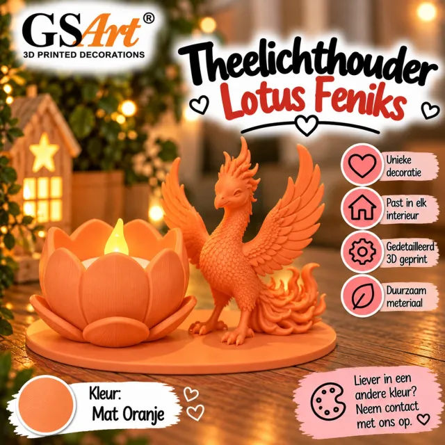GSArt Theelichthouder Lotus Feniks – Inclusief LED Theelichtje – 3D Geprint - Mat Oranje