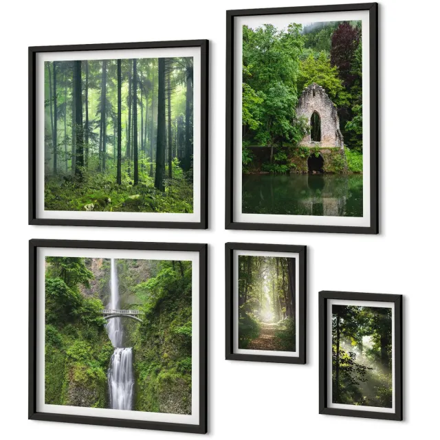 Coloray 5-Delige Schilderij Set - Groene Bossen En Watervallen In Een Natuurlijke Omgeving - 50 x 50 cm, 20 x 30 cm En 40 x 60 cm - Wanddecoratie - Muurdecoratie - Moderne Interieurdecoratie Zwarte lijst