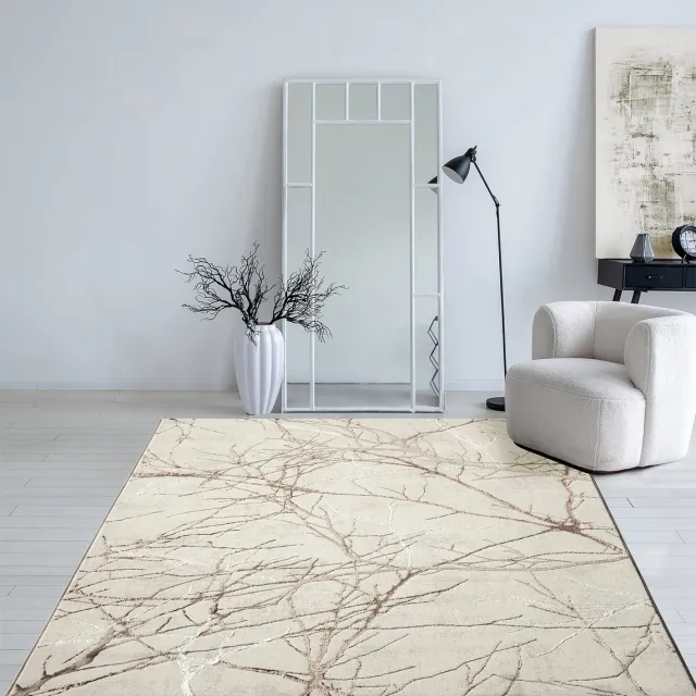 the carpet Mila – Modern vloerkleed met takkenmotief en glansstructuur, geschikt voor woonkamer en hal, crème met bruin takken, 200 x 290 cm