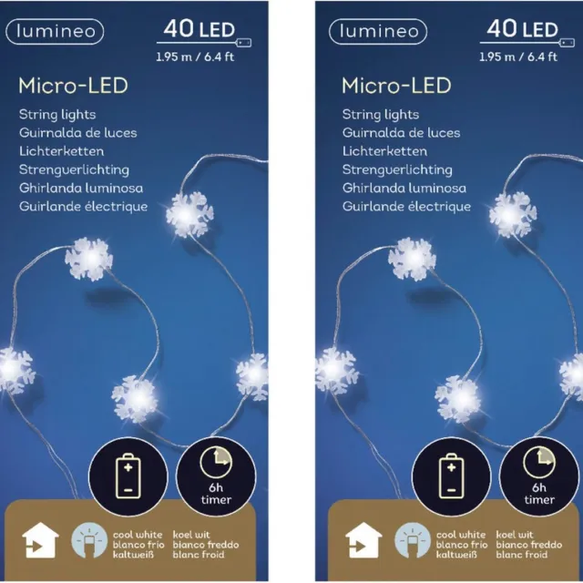 Lumineo Sneeuwvlokken lichtsnoer - 2x - wit - 40 led lampjes - 195 cm - timer - batterij - sneeuw/kerstverlichting