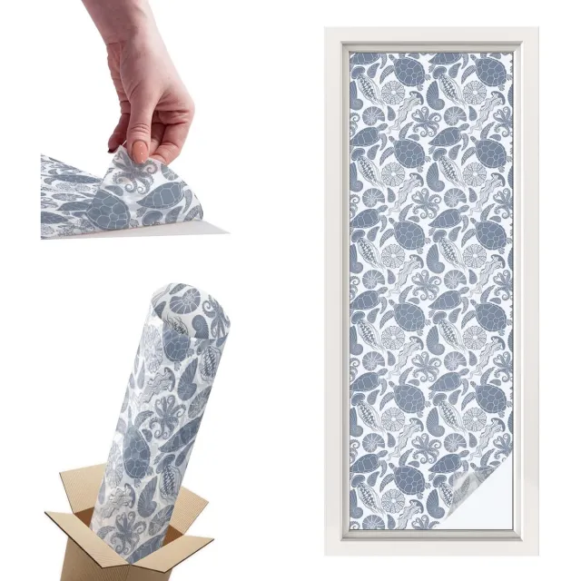 TULUP Raamfolie Anti inkijk - Oceaanleven Privacy Folie Raam - 50x146 cm - Blauw Anti inkijk Folie - Raamfolie Tegen inkijk Glas in Lood - Voor de badkamer, slaapkamer, hal - Raamfolie Zonwering Blauw - Oceaanleven
