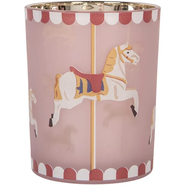 Clayre & Eef Waxinelichthouder Ø 10x13 cm Roze Glas Paard
