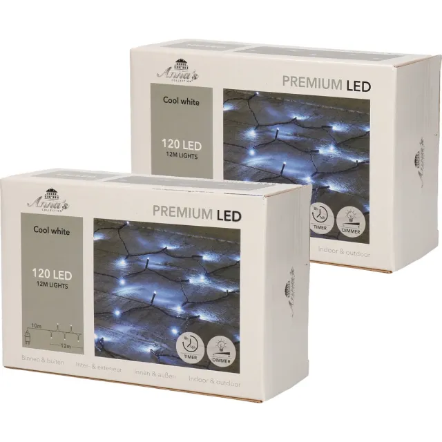 Anna's Collection Kerstverlichting - Set van 2x stuks - helder wit - 120 leds - 12 meter - dimmer - timer - IP44 - lichtsnoer