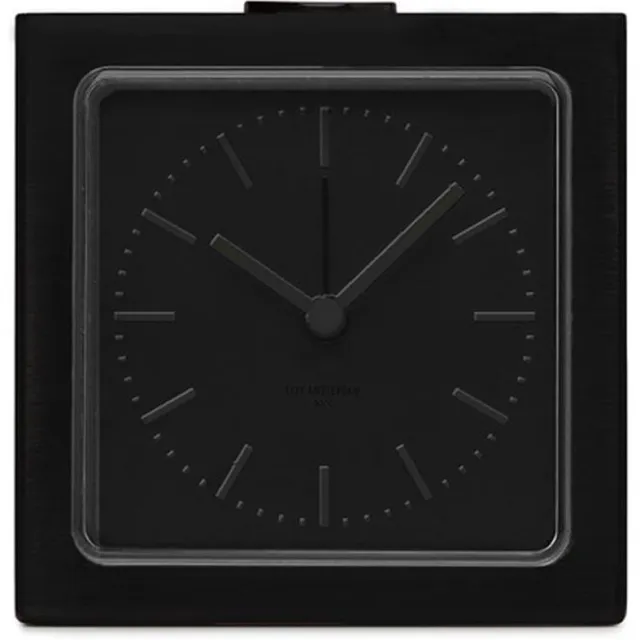 LEFF amsterdam Block Alarm Clock – Analoge Wekker – Industrieel Design – Zwart – Snooze Functie – Verlichte Wijzerplaat – Fluorescerende Wijzers – RVS – 8,5x8,5x6 cm