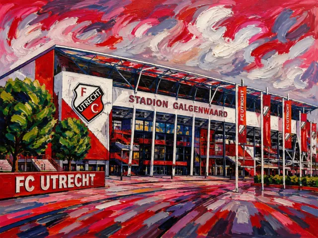 Atelier Iconique Stadion Galgenwaard FC Utrecht Fauvist Color Painting Stadiums - Print op Canvas 80x60 cm - Atelier Iconique gedurfde, levendige en contrastrijke fauvistische kleuren