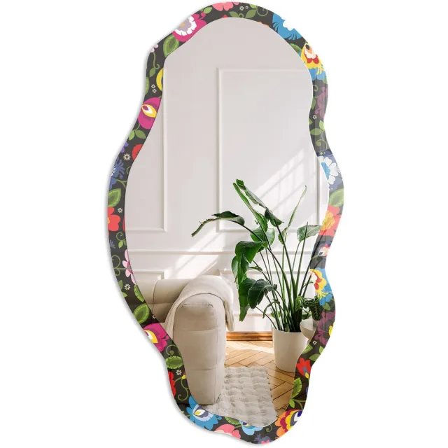 Coloray Folklorebloemen Spiegel - Zwart Rechthoekige Spiegel Met Modern Design - Organische Spiegel - Woonkamer - Illustratief - 45x90 cm - Totale afmeting 52x97 cm Folklorebloemen, Zwart