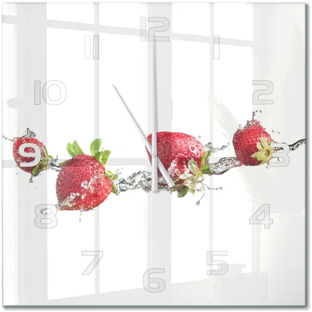 TULUP Wandklok - Aardbeien en water Wandklok Glas Decoratie - 60x60 cm - Rood Gekleurde Glazen Klok - Witte handen - Vierkante Klok - Klok Glas Met Opdruk - Moderne Wandklok Glas