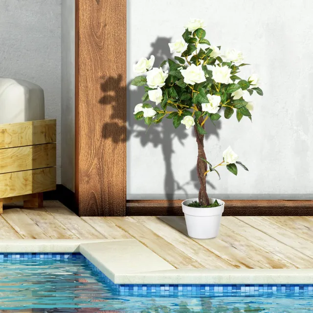 MEUNIQ kunstplant kunstmatige rozenboom 90 cm in pot wit kunststof voor binnen & buiten decoratieve rozenplant voor woonkamer slaapkamer kantoor of tuin