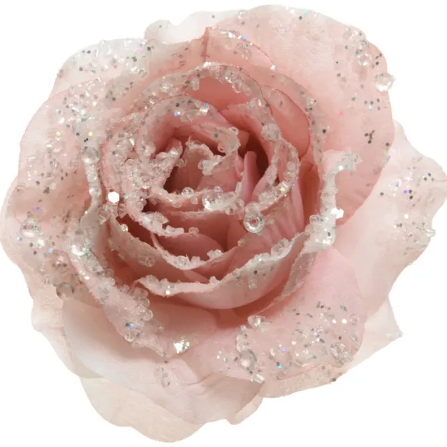 Decoris Decoratie roos - op clip - poeder roze - D14 cm - kunststof - kerstbloem - bloemen - kerstboomversiering - kerstornamenten