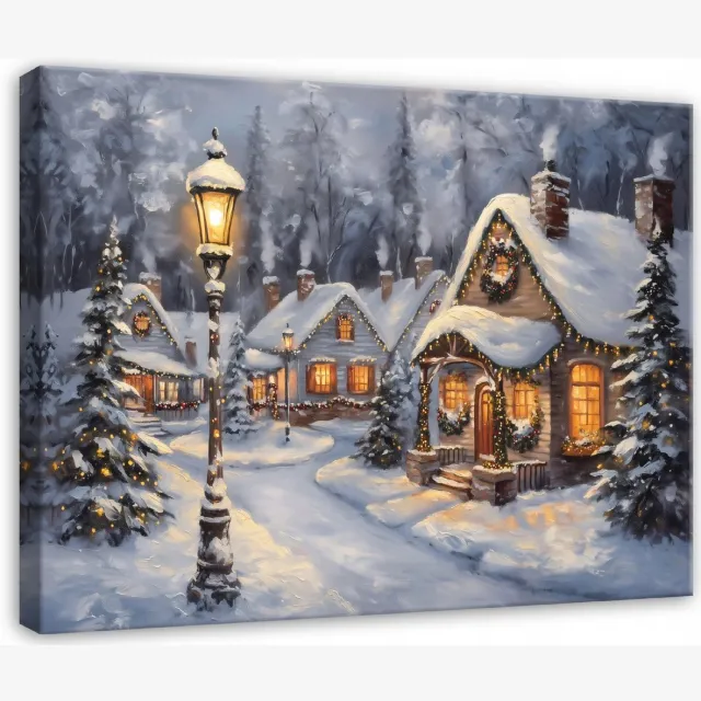 WALLARENA Schilderij op canvas - 120x80 cm - winterlandschap stad kerst - Geschikt voor slaapkamer en woonkamer Veelkleurig